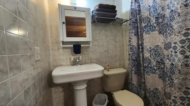 a bathroom with a toilet sink and mirror