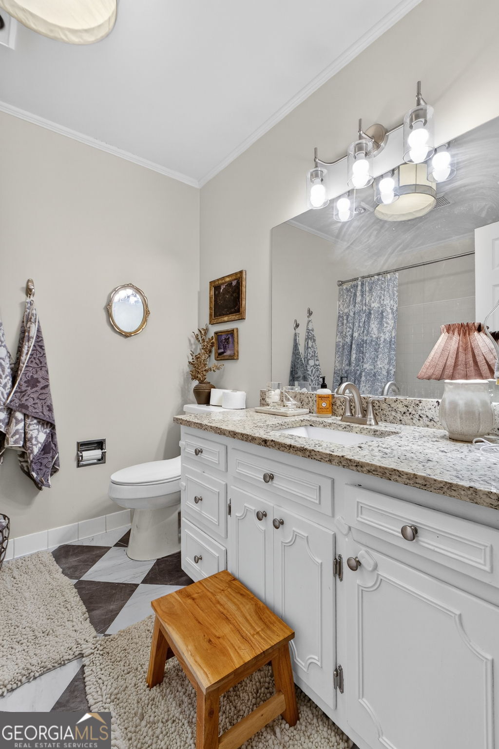 209 Laramie Road Griffin, GA 30224 - Photo 27 of 36 a bathroom with a granite countertop sink mirror and toilet