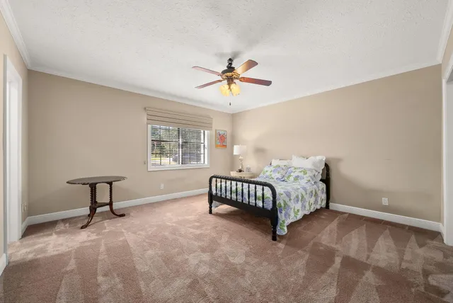 a bedroom with a large bed and a chandelier