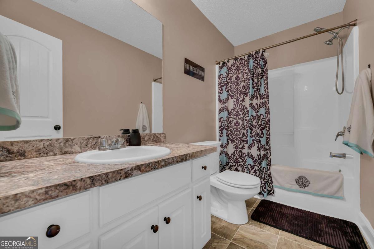 335 Elizabeth Court Colbert, GA 30628 - Photo 16 of 33 a bathroom with a granite countertop sink toilet and shower