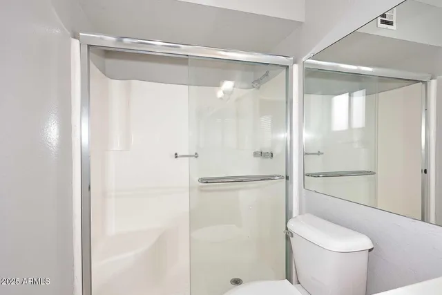 a bathroom with a shower and a toilet