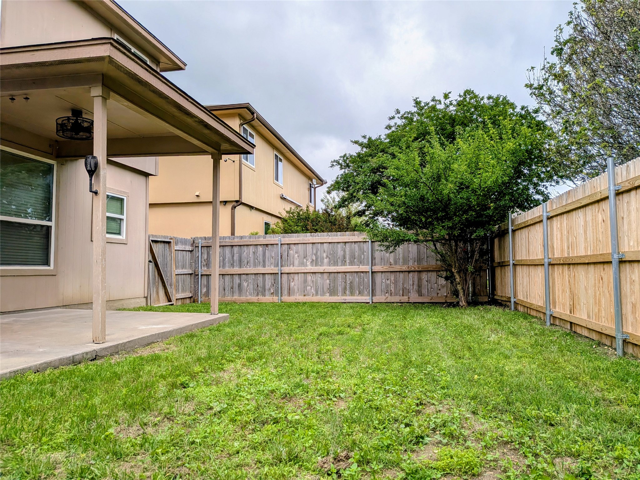 212 Foster Lane Jarrell, TX 76537 - Photo 9 of 22 Private backyard featuring a mature plum tree, rose bush, wood privacy fencing, fully fenced with side gate, and a covered patio with fan and lighting