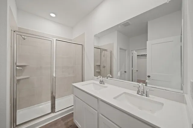a bathroom with a shower sink vanity and mirror