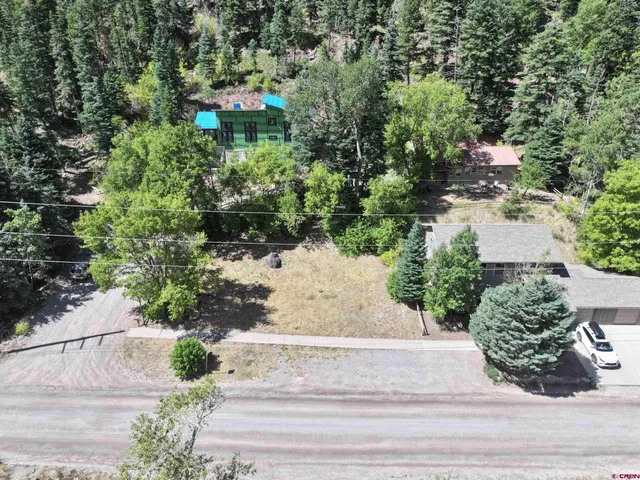 an aerial view of a house with a yard and plants