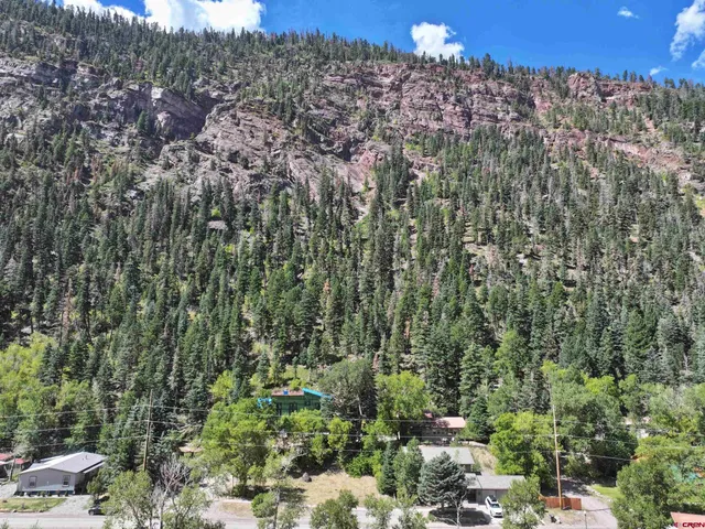 an aerial view of a house with a yard and greenery