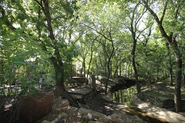 a view of outdoor space with trees all around
