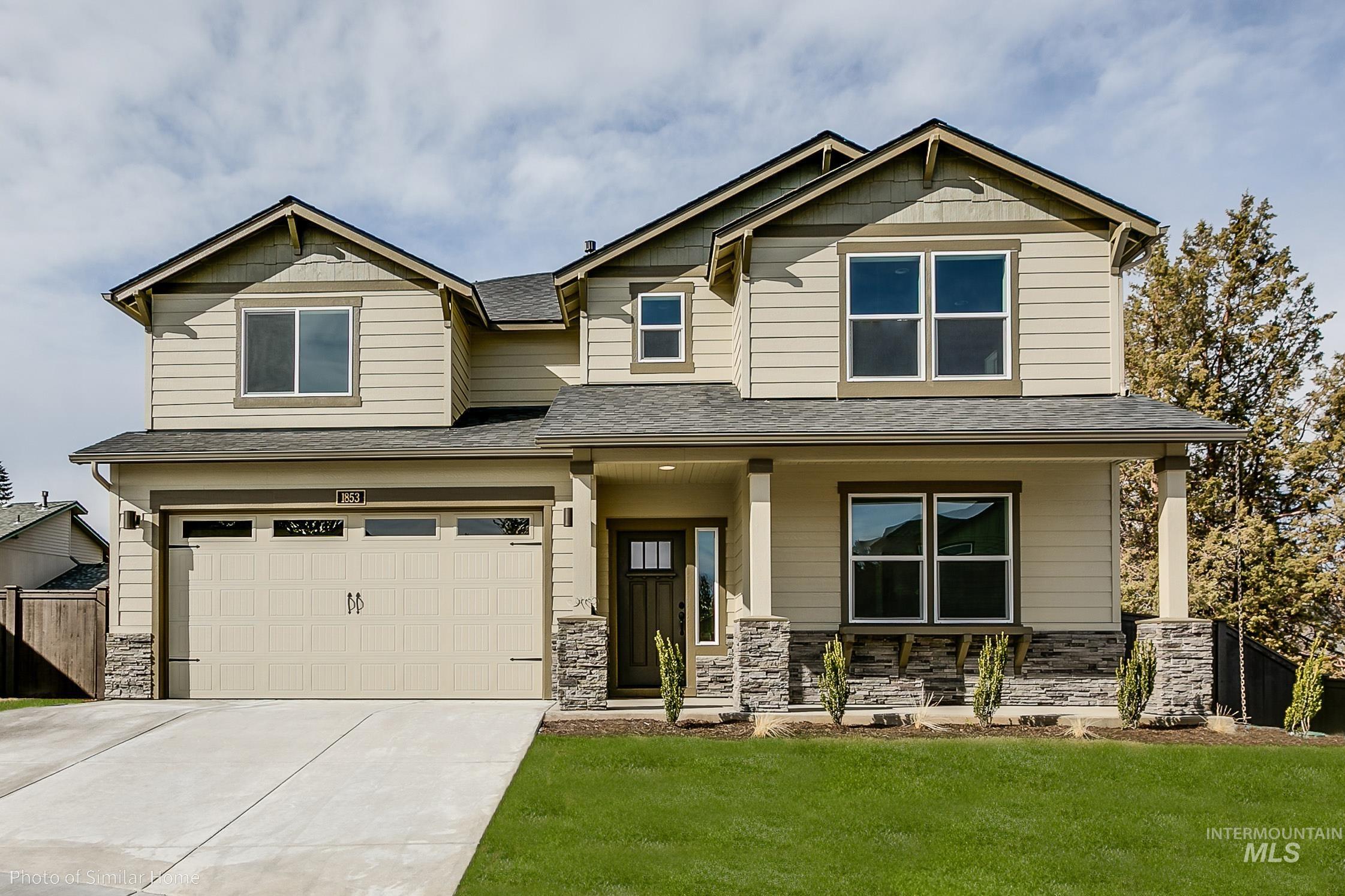 Craftsman-style house with stone siding, a porch, an attached garage, concrete driveway, and roof with shingles