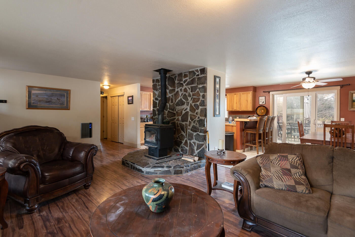 Great room with wood burning stove.