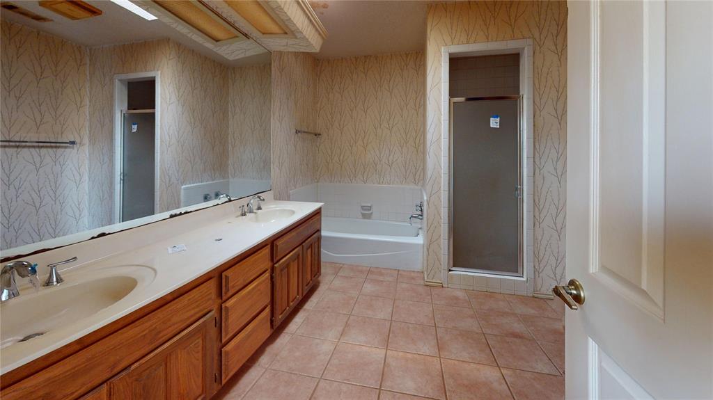 8927 Bontura Road Granbury, TX 76049 - Photo 19 of 23 a spacious bathroom with a granite countertop sink and a mirror