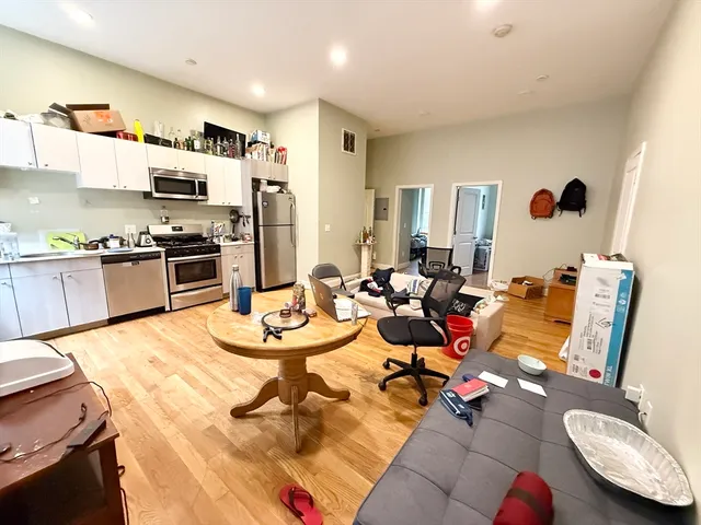 a view of a dining room with furniture