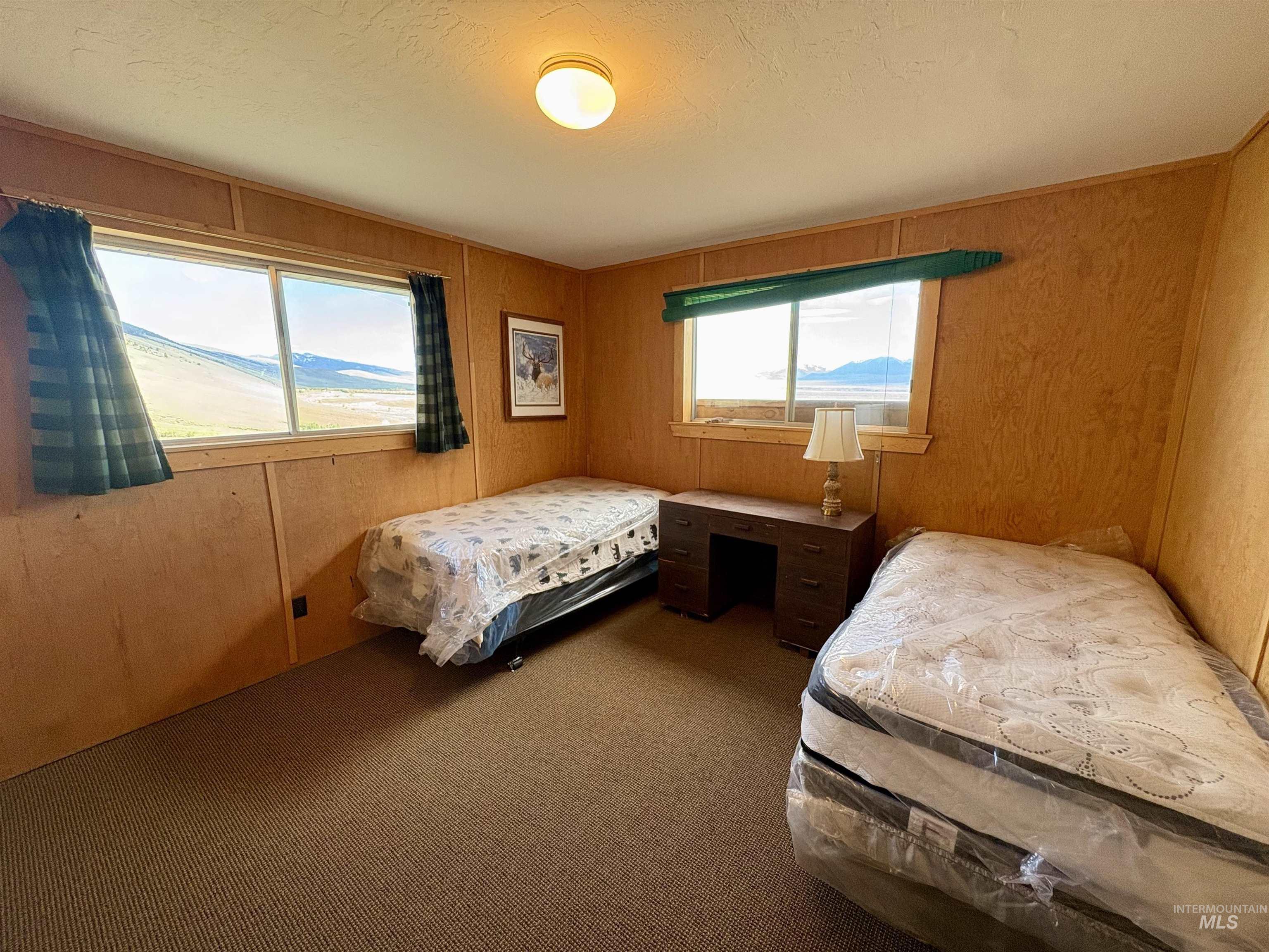 2040 Pahsimeroi River Road May, ID 83253 - Photo 15 of 29 Carpeted interior space featuring wood-paneled walls and two windows providing expansive views of distant mountains and terrain