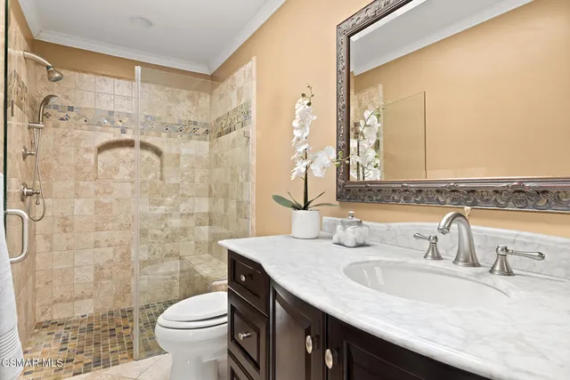 a bathroom with a granite countertop sink a toilet and shower