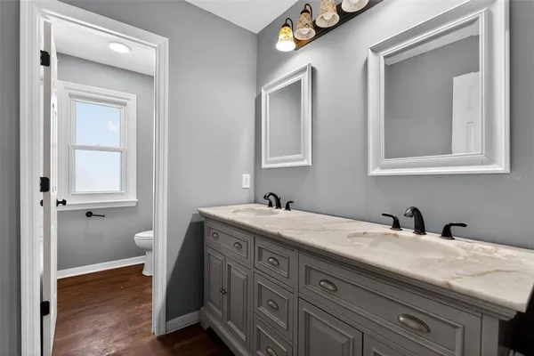 a bathroom with a sink a toilet and mirror