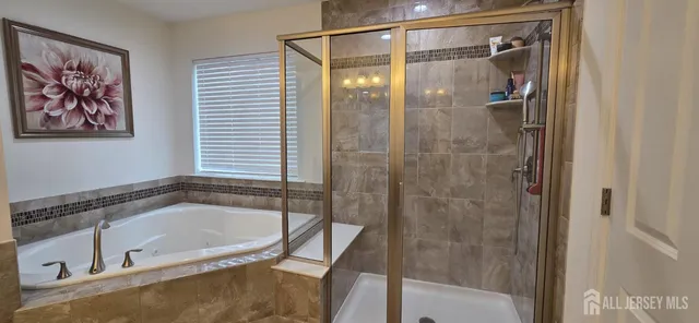 a bathroom with a tub and a shower