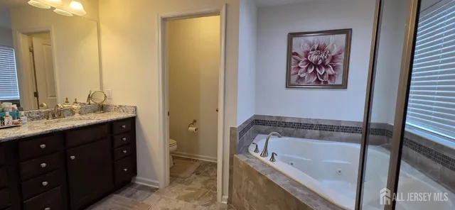 a bathroom with a tub sink and mirror
