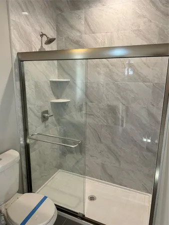 a bathroom with a shower and toilet
