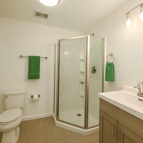 a bathroom with a shower a sink and mirror