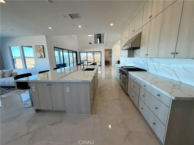 a large kitchen with stainless steel appliances lots of counter space sink and cabinets