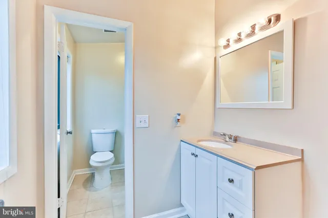 a bathroom with a sink a toilet and a mirror