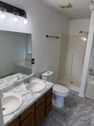 a bathroom with a granite countertop sink a toilet and a mirror