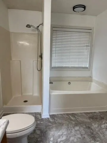 a bathroom with a toilet and a shower