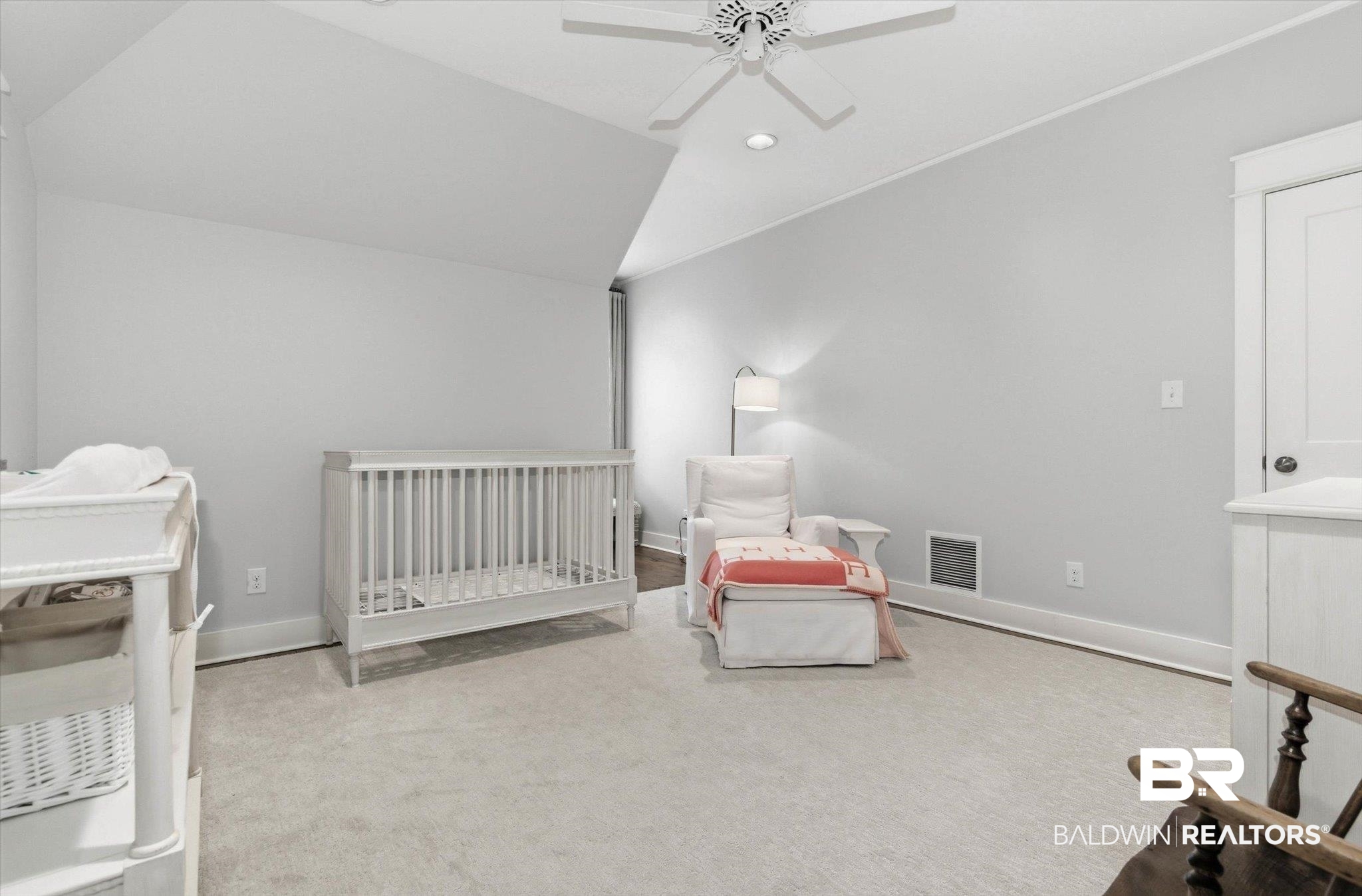 3704 Stein Street Mobile, AL 36608 - Photo 24 of 37 Bedroom featuring a crib, light colored carpet, lofted ceiling, recessed lighting, and ceiling fan