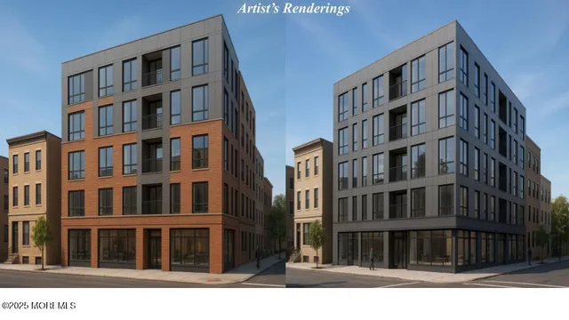 a black brick building next to a road