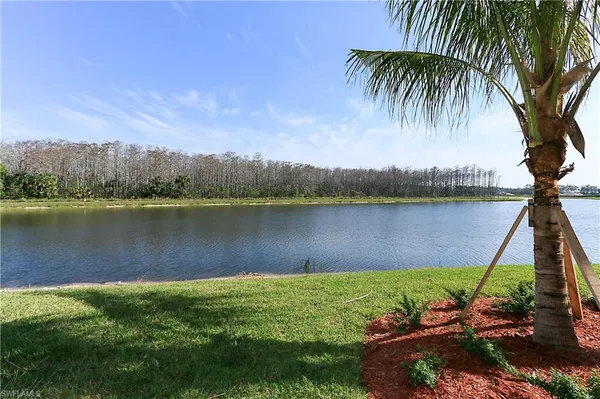 a view of a lake with houses in the back