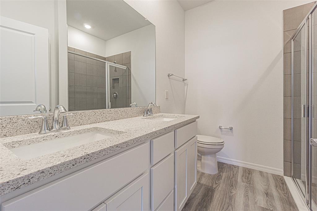 31415 Paper Birch Street Wesley Chapel, FL 33545 - Photo 14 of 29 a bathroom with a granite countertop sink a toilet and a mirror