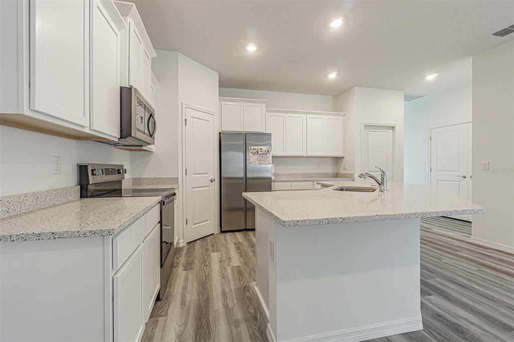 31415 Paper Birch Street Wesley Chapel, FL 33545 - Photo 10 of 29 a kitchen with kitchen island a sink stainless steel appliances and cabinets
