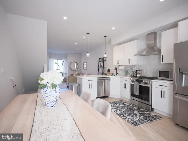 a large white kitchen with stainless steel appliances