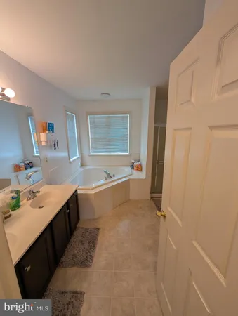 a bathroom with a tub sink and mirror