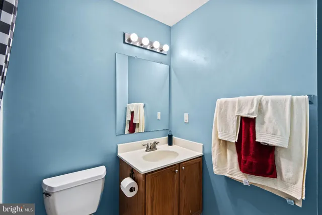 a bathroom with a toilet sink vanity and mirror