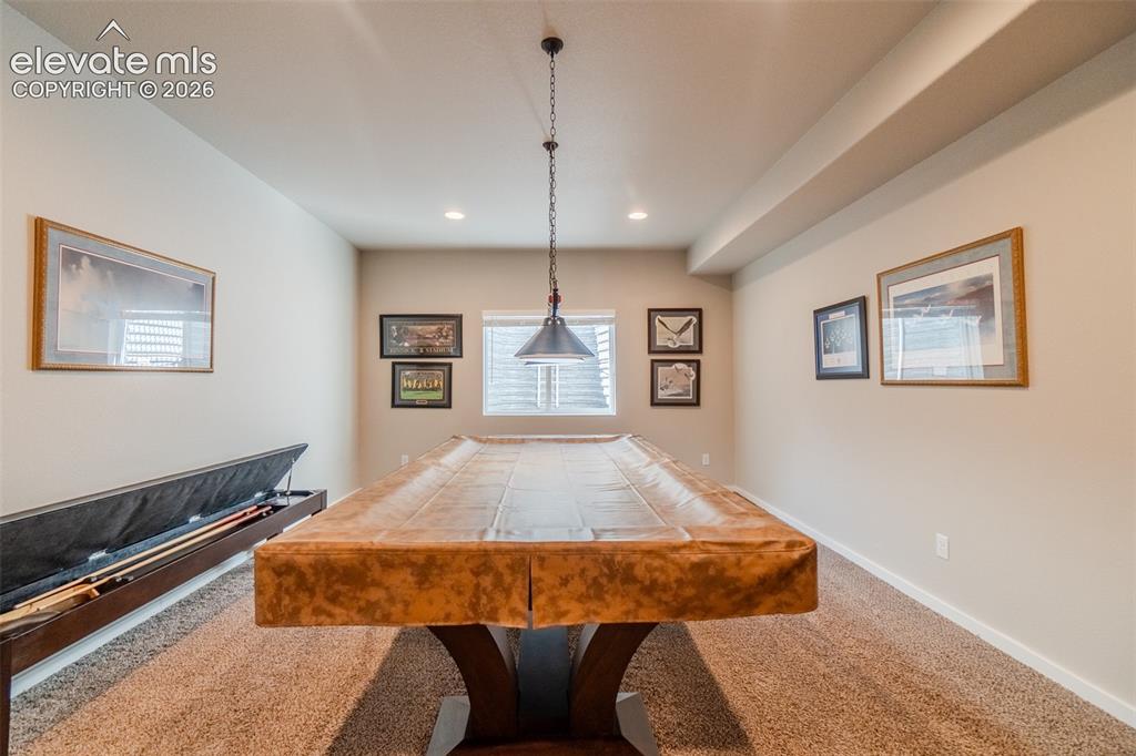 1061 Native Dancer Terrace Colorado Springs, CO 80921 - Photo 37 of 50 Entertainment room featuring wall-to-wall carpeting, recessed lighting, and a window with horizontal blinds