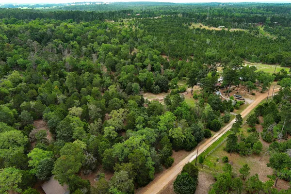 an aerial view of residential houses with outdoor space and trees