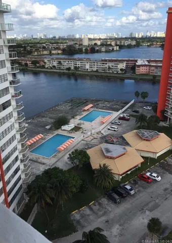 a view of a lake with a city