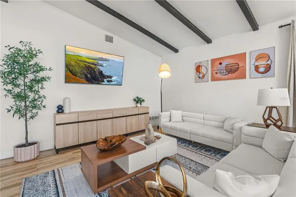 a living room with furniture and a potted plant