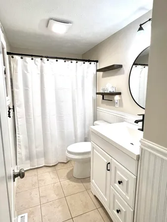 a bathroom with a sink a toilet and a mirror