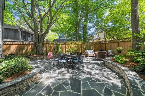 a view of a lake with a patio