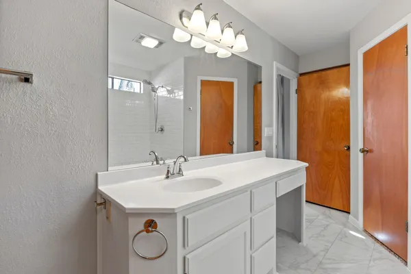 a bathroom with a sink vanity and a mirror