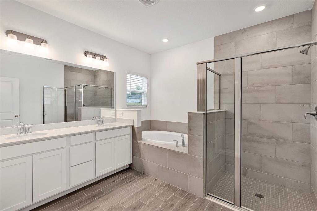 19438 Southwest 79th Street Dunnellon, FL 34432 - Photo 10 of 34 a bathroom with a double vanity sink mirror and shower