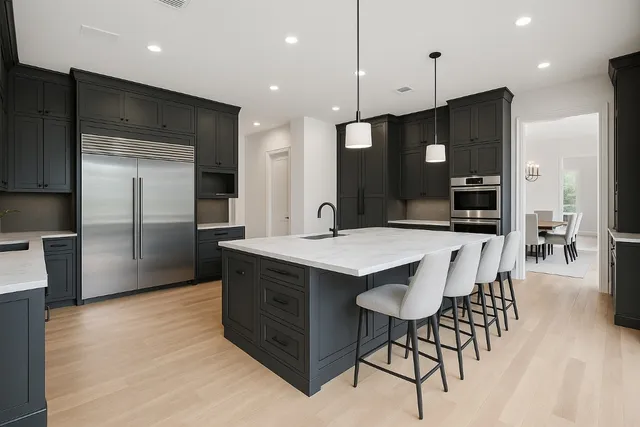 a kitchen with stainless steel appliances granite countertop a stove and a refrigerator