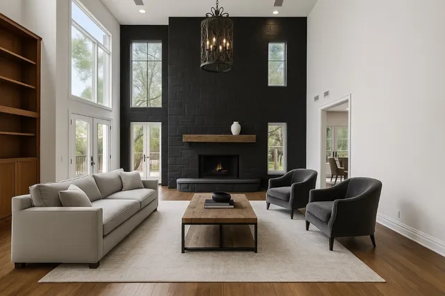 a living room with furniture or couch and a fireplace