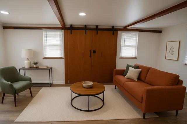 a living room with furniture a couch and a potted plant