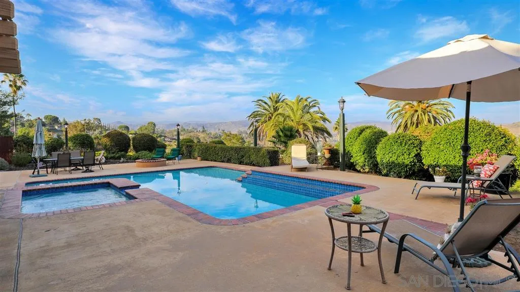 2723 Rich Lynn Ridge Road Escondido, CA 92025 - Photo 16 of 24 a view of a swimming pool with lawn chairs under an umbrella