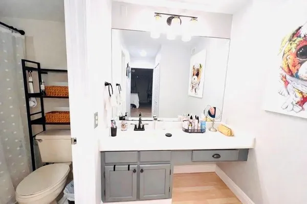 a bathroom with a sink mirror vanity and toilet