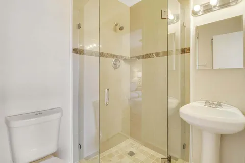 a bathroom with a shower and a sink
