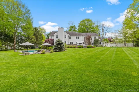 a view of yard with swimming pool and green space