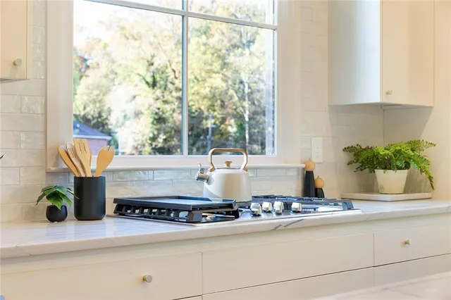 a table with a potted plant and a stove