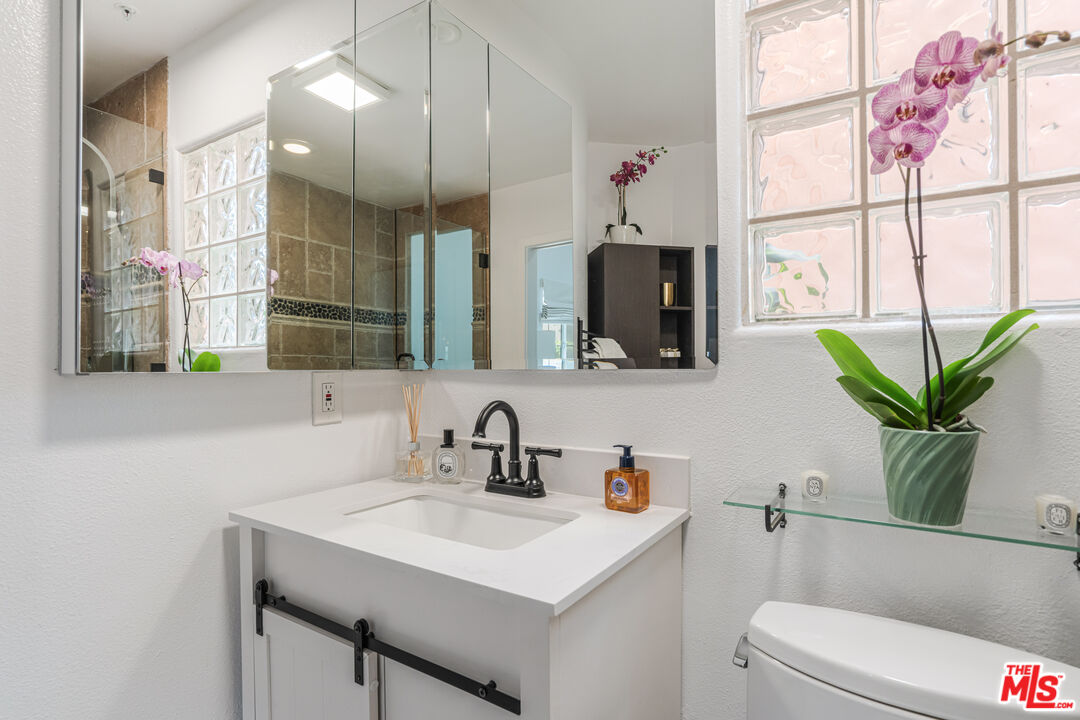 1531 12th Street, Unit 1 Santa Monica, CA 90401 - Photo 18 of 21 a bathroom with a sink a mirror a potted plant and a window